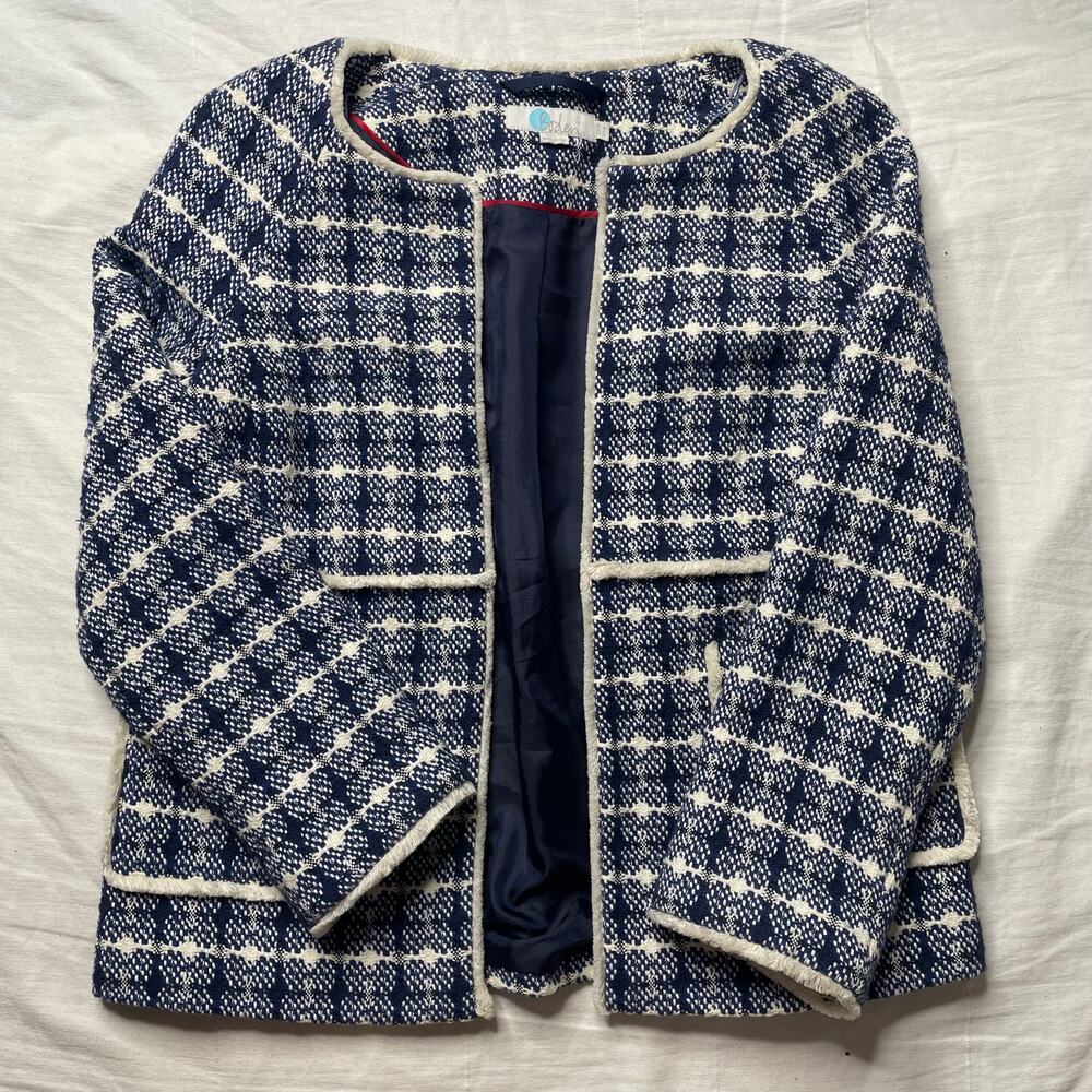 Boden Navy Blue White Ida Textured Tweed Jacket Blazer Sz 6 Women's